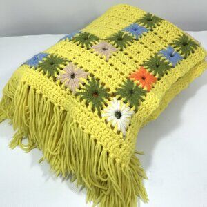 Vintage Floral Afghan Blanket Multicolor Fringe